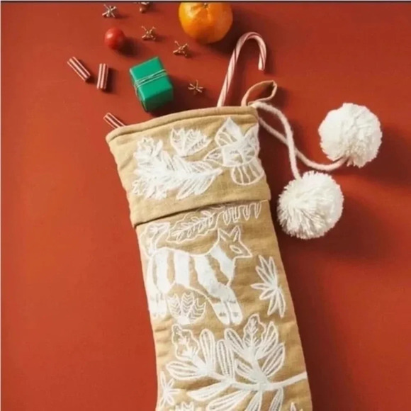NWT Anthropologie Forage Pom Embroidered Christmas Stocking - Picture 3 of 3